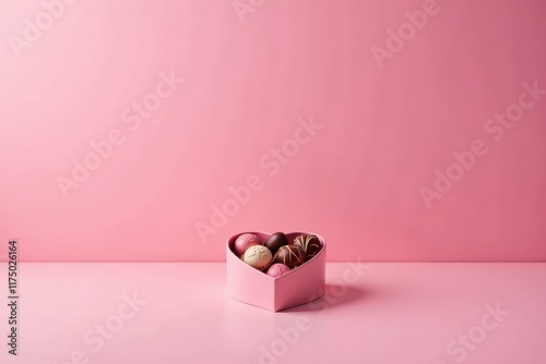 A Pink Heart-Shaped Box Filled with Assorted Chocolate Confections on a Matching Pink Surface