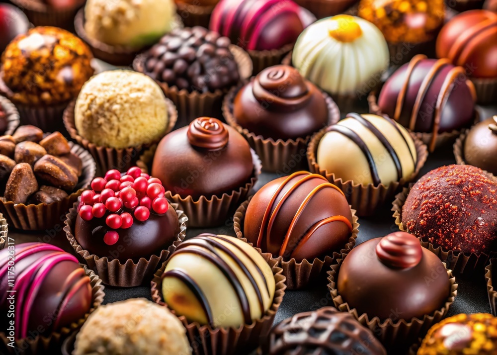 Gourmet Chocolate Pralines: Assorted Milk & Dark Chocolate Confections with Various Toppings Gourmet Chocolate Pralines: Assorted Milk & Dark Chocolate Confections with Various Toppings