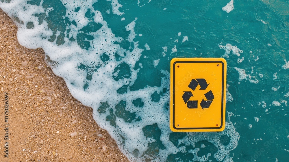 Naklejka premium Ocean Wave Recycling Symbol Sign on Sandy Beach Environmental Conservation