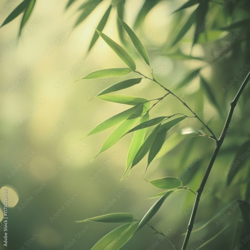 Obraz premium Lush green bamboo leaves in soft sunlight, close-up.