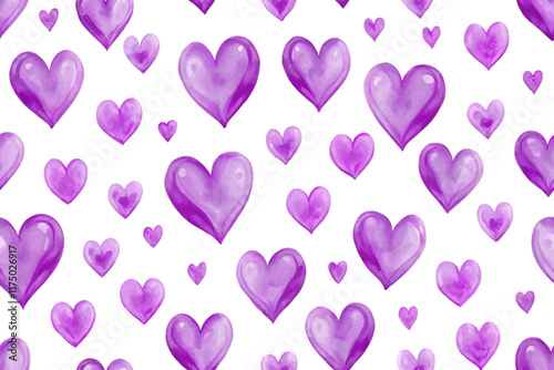 Purple heart patterns, watercolor style, romantic design, seamless background, love theme, artistic decoration.