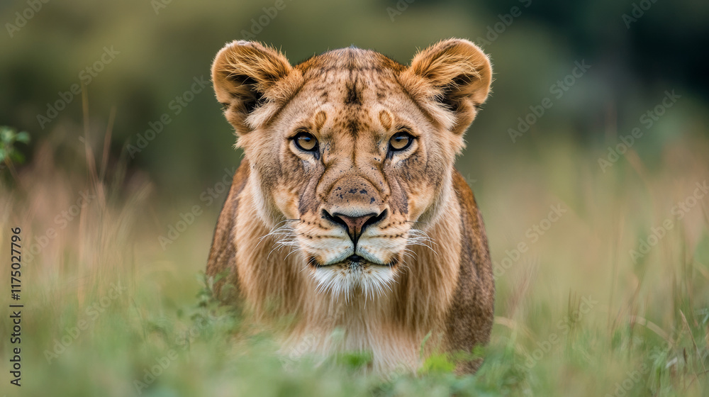 Lioness gazes fiercely while resting in a grassy savanna during the golden hour of sunset Lioness gazes fiercely while resting in a grassy savanna during the golden hour of sunset