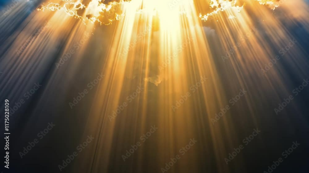 Beautiful landscape of cloudscape with large, building clouds and sunset behind shining sun rays, rays of light, and eventually breaking through cloud mass.