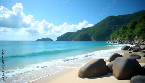 A Scenic Sandy Beach Surrounded by Crystal-Clear Waves. photo