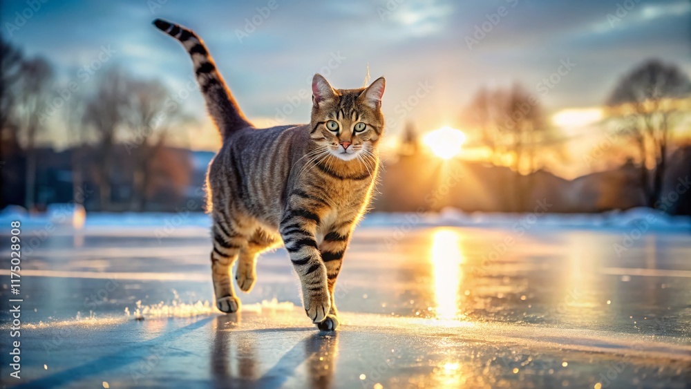Obraz premium Graceful Tabby Cat Ice Skating: Winter Sports Athlete on Frozen Rink