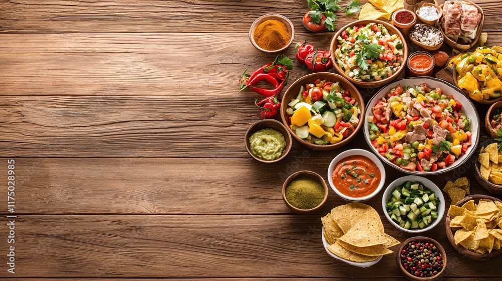 Colorful Array of Fresh Dishes on Rustic Wooden Table Colorful Array of Fresh Dishes on Rustic Wooden Table
