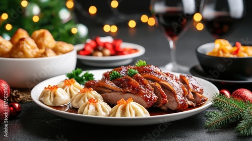 Exquisite Banquet Table Displaying Roast Duck Garnished with Colorful Vegetables and Rich Sauce Creating a Festive and Inviting Culinary Experience