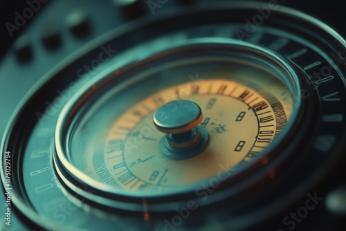A close-up of a vintage radio dial with elegant, minimalist details, glowing softly.