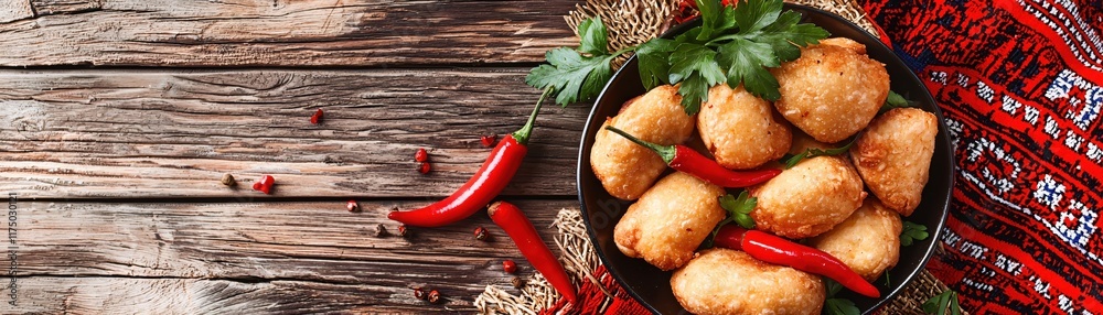 Delicious Crispy Snack Dish Served on Rustic Wooden Table with Fresh Herbs and Peppers Delicious Crispy Snack Dish Served on Rustic Wooden Table with Fresh Herbs and Peppers