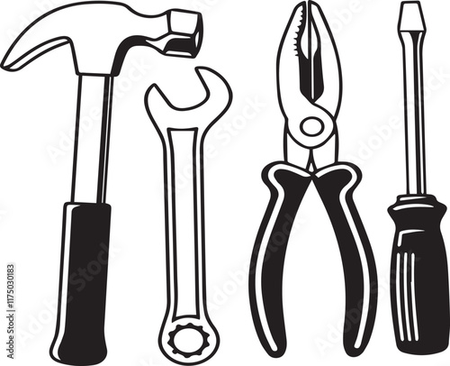 Black and white line art Silhouette  working tools vector doodle art in white background