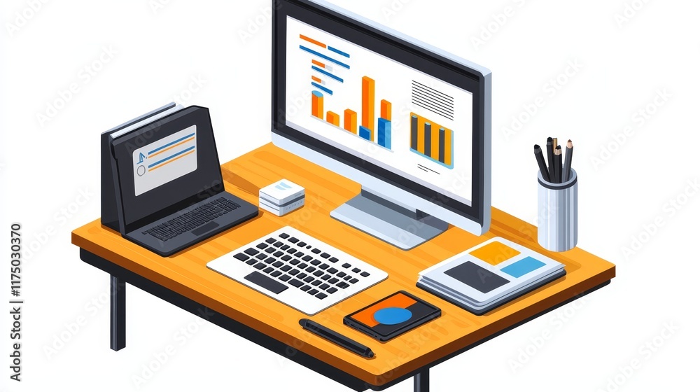 Modern Workstation with Computer, Documents, and Office Supplies Modern Workstation with Computer, Documents, and Office Supplies