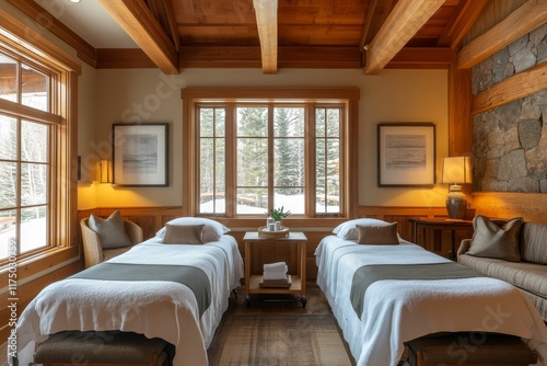 Spa room; twin beds; wood beams; snowy view.
