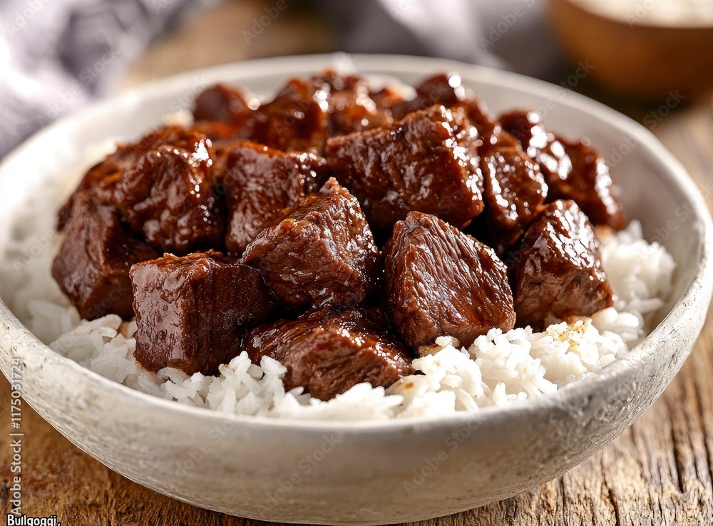 Bulgogi-style beef with rice, close-up shot of meat in a white bowl on a wooden table background. Close-up food photography. A Korean dish Bulgogi-style beef with rice, close-up shot of meat in a white bowl on a wooden table background. Close-up food photography. A Korean dish