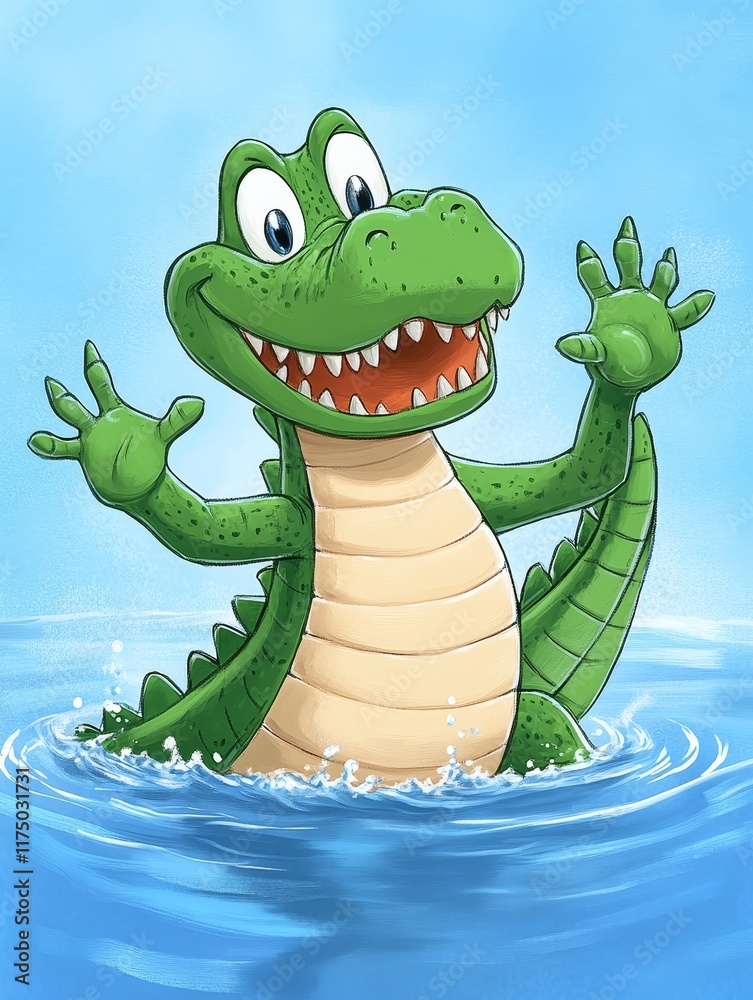 Fototapeta premium Happy Crocodile Water Playtime - Joyful cartoon crocodile splashing happily in clear blue water, symbolizing fun, summer, friendship, adventure, and childhood innocence.