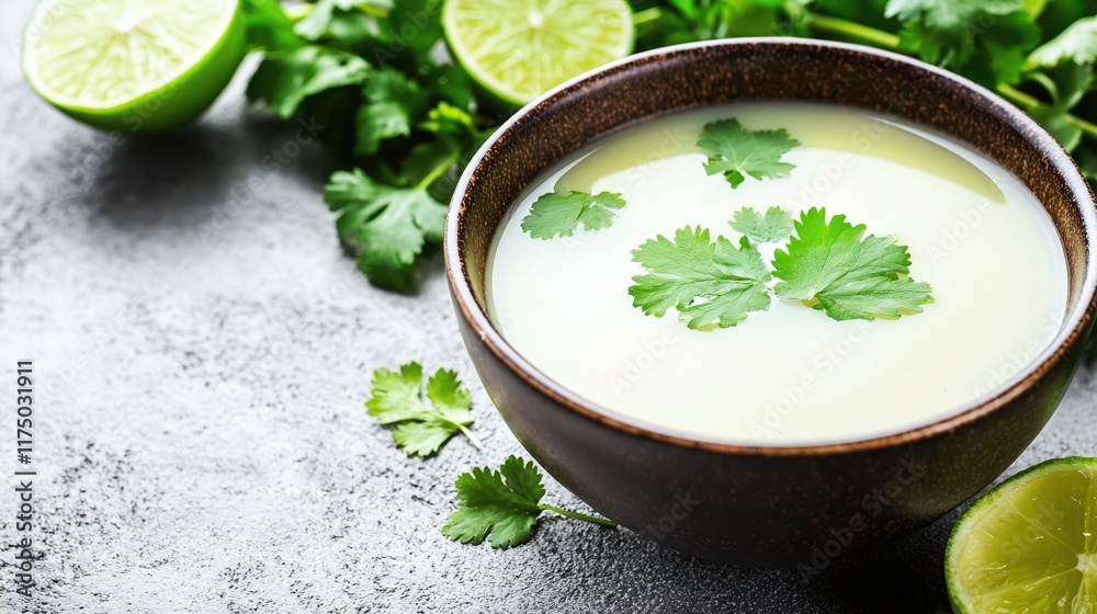 Fresh Herbed Soup with Lime and Cilantro in Rustic Bowl Fresh Herbed Soup with Lime and Cilantro in Rustic Bowl