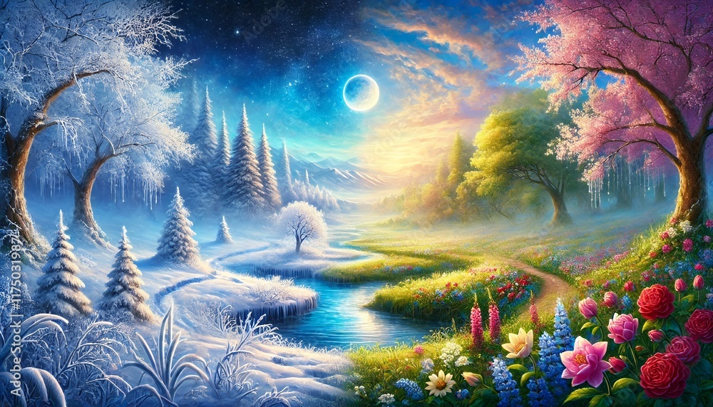 Fototapeta premium A Serene and Enchanting Horizontal Painting Depicting the Magical Transition from Winter to Spring with Frost and Blooming Flowers
