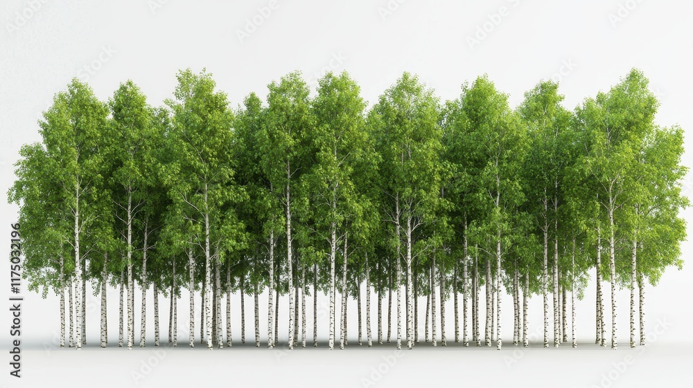 Fototapeta premium Lush Green Birch Tree Grove Isolated on White Background Perfect for Nature Environmental and