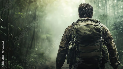 Hiker trudging through a dense forest with a heavy pack, eyes fixed on the distant goal, perseverance, determination, patience