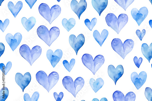 Blue watercolor hearts, soft pastel colors, seamless pattern design, romantic decor, artistic background.