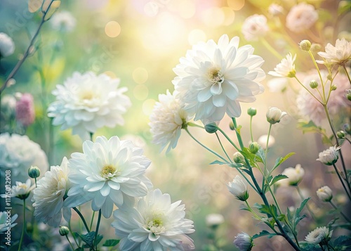 Double exposure artistry: white flowers bloom in a surreal, dreamy garden, a botanical fantasy.