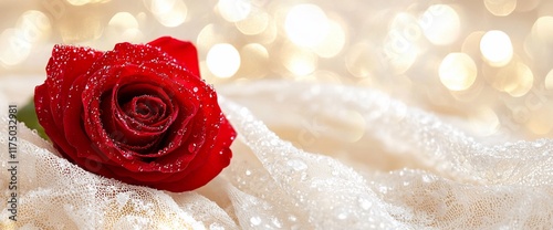 Single red rose with water drops on a soft, sparkly fabric.