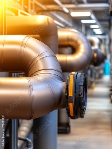 Industrial Piping System Close Up - Metal pipes, industrial setting,  precision engineering, energy efficiency,  modern technology. photo