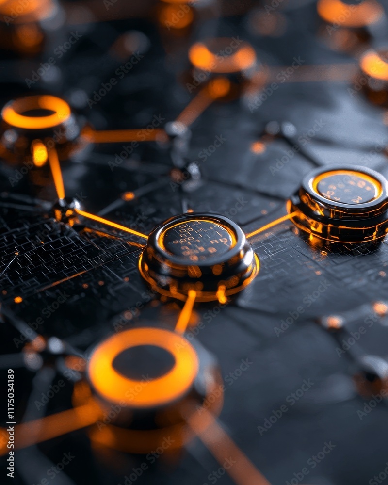 Fototapeta premium Futuristic Network Technology Abstract Orange and Black Digital Nodes Connected by Glowing Lines