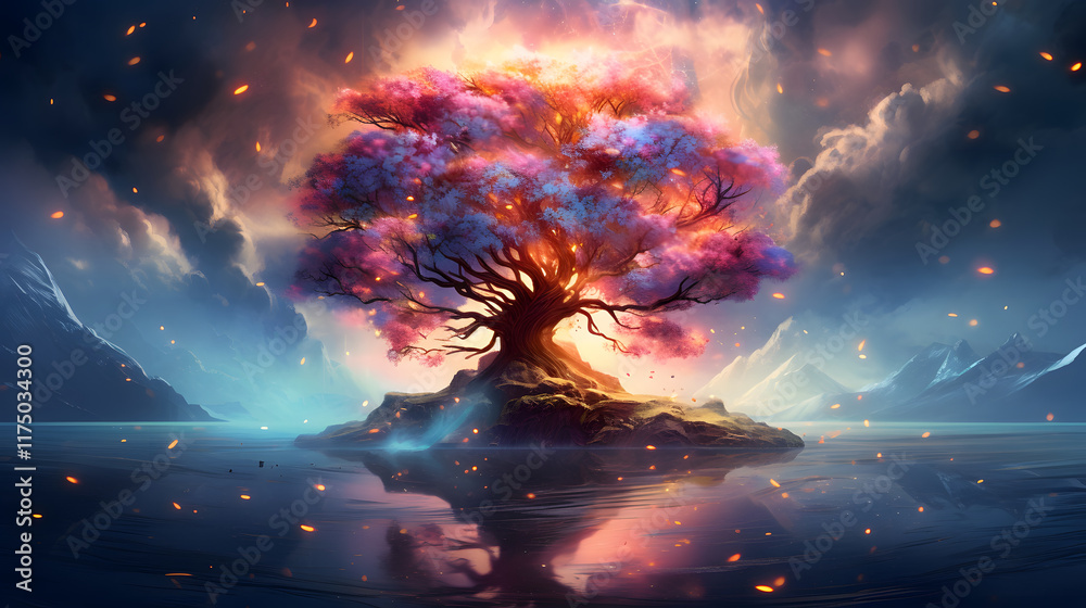 Obraz premium digital cherry blossom tree in the universe graphics poster background