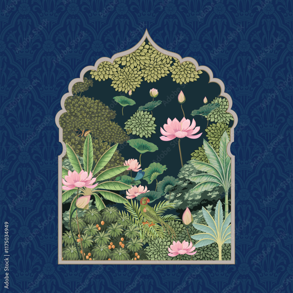 custom made wallpaper toronto digitalMughal pichwai arch garden with bird, plant, lotus illustration frame