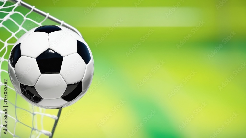 Fototapeta premium Soccer ball resting in the goal, illuminated by sunlight.