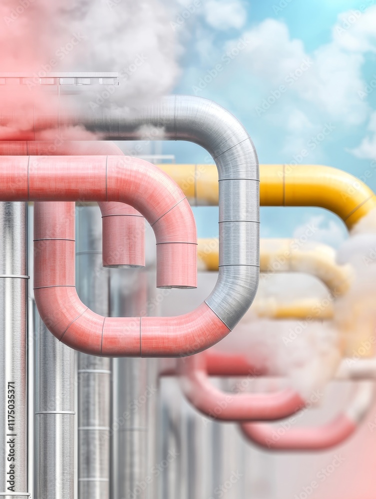 Industrial Pipes and Steam - Colorful pipes, steam, industry, infrastructure, energy. Symbolizes progress, technology, power, efficiency, and future.