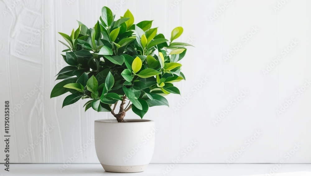 Fototapeta premium Green potted plant in a white pot placed on a white desk.