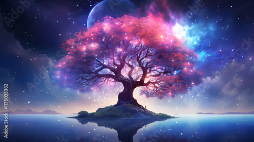 digital cherry blossom tree in the universe graphics poster background