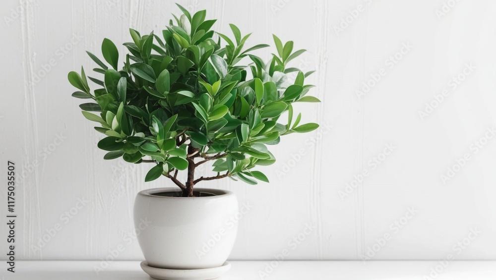 Fototapeta premium Green potted plant in a white pot resting on a white desk.