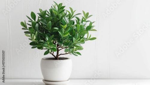 Green potted plant in a white pot resting on a white desk.