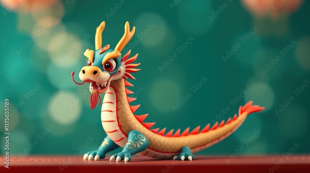 Fototapeta premium Cute dragon sitting on red surface with colorful background