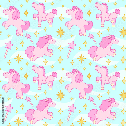 Magical Tile Pattern with Cute Pink Ponies