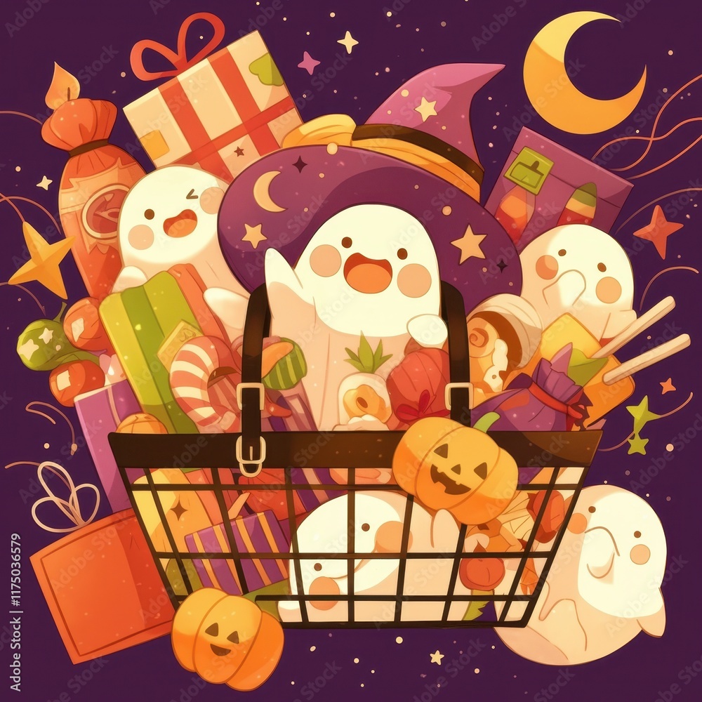 Obraz premium Adorable Ghostly Halloween Shopping Basket Overflowing with Spooky Treats and Gifts