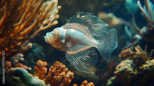 An Intriguing Underwater World: The Mysteries of Snailfish Swimming Amongst Bioluminescent Creatures photo