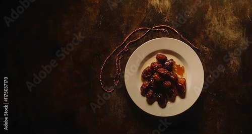 Cinematic top-down view of dates fruit in a white plate with milk and a rosary on a dark background for a Ramadan Kareem celebration banner, with copy space. photo