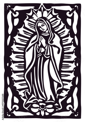 Our Lady. Virgin Mary of Guadalupe. Monochrome woodcut vector  illustration