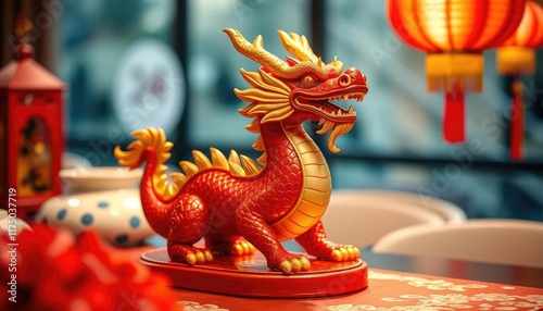 Red dragon figurine on table with Chinese lanterns. Possible use Festive decoration photo