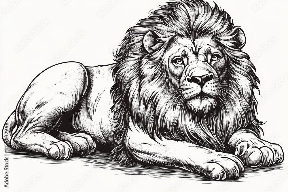 Obraz premium Majestic Reclining Lion - A powerful black and white illustration of a lion, symbolizing strength, royalty, pride, courage, and tranquility.
