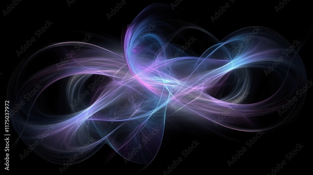 Fototapeta premium Abstract glowing purple and blue waves on black background.