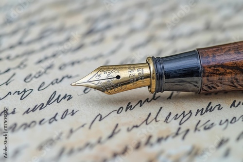 Ornate pen rests on aged handwritten letter.
