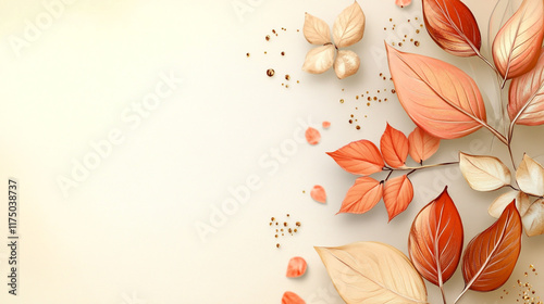 golden leaves on white background, A tight shot of a leaf on a branch, sun illuminating the opposite side