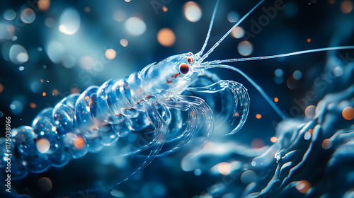 An Ethereal Depiction of a Deep-Sea Amphipod in Swirling Currents and Vibrant Plankton photo