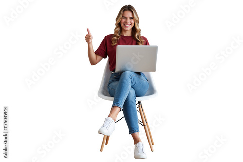 casual woman seated with a laptop, smiling and gesturing positivity