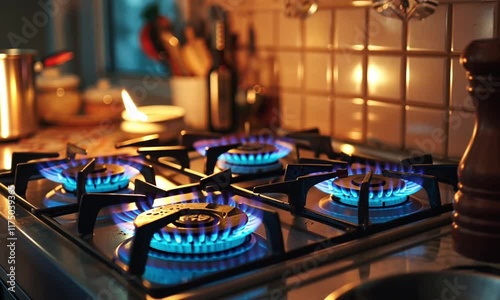  Blue gas flame on a kitchen stove, symbolizing rising gas prices. High quality FullHD footage photo