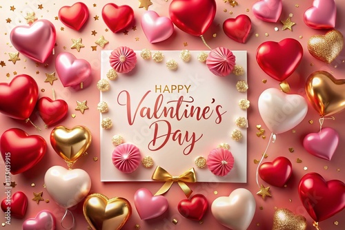 Happy Valentine's Day: Pink, Red & Gold Hearts, Foil Balloons, Stylish Text Frame